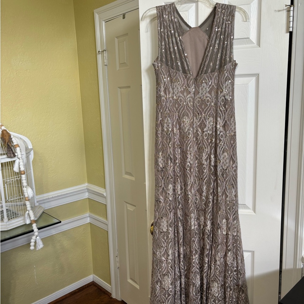R&M Richards Tan and Gold Sleeveless V-Neck Maxi Gown